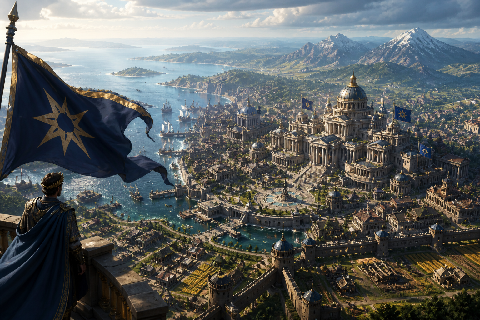 BitNations illustration: laurel-crowned ruler on a balcony overlooking a domed coastal city and harbor fleet